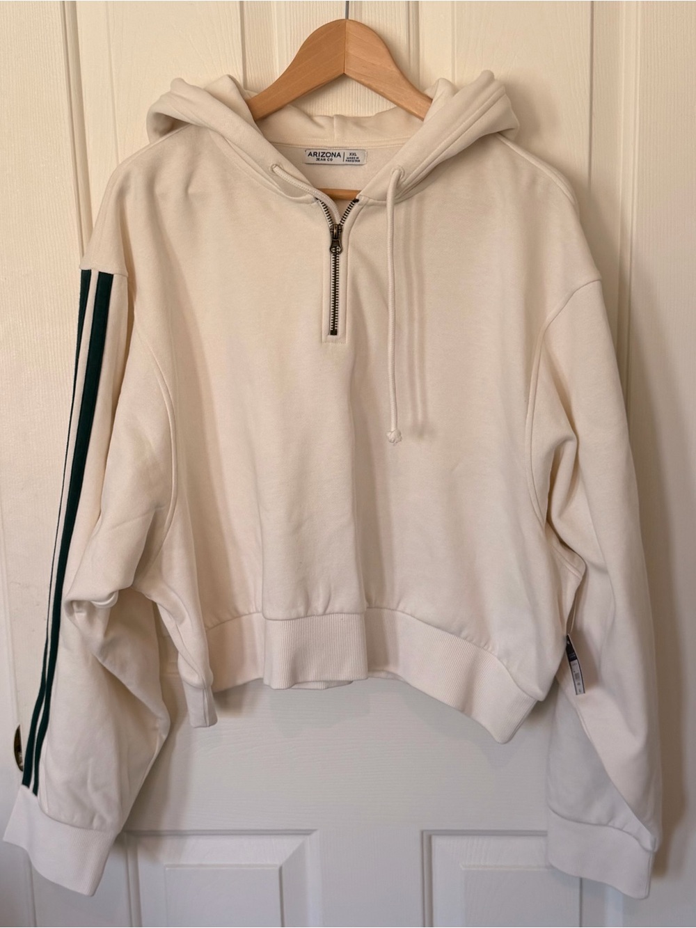Arizona Jean Company Cream Half-Zip Hoodie with Dark Green Stripes